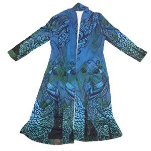 Lily by Firmiana Duster Cardigan Top Open Front Peacock Blue Green Small